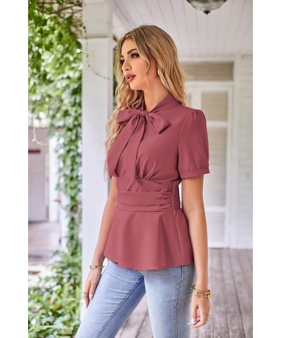 Women's Office Bow Tie Blouse Puff Sleeve Peplum Dressy Shirt Smocked Waist Pink Orange Short Sleeve $20.88 Blouses