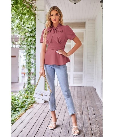 Women's Office Bow Tie Blouse Puff Sleeve Peplum Dressy Shirt Smocked Waist Pink Orange Short Sleeve $20.88 Blouses