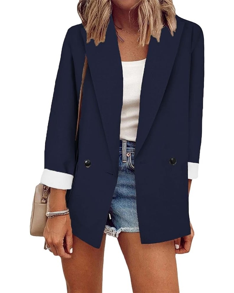 Women's Solid Color Blazer Cardigan Casual Long Sleeve Plus Size Blazer with Pockets Button Navy Blue $23.19 Blazers