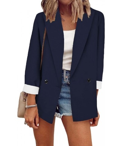 Women's Solid Color Blazer Cardigan Casual Long Sleeve Plus Size Blazer with Pockets Button Navy Blue $23.19 Blazers