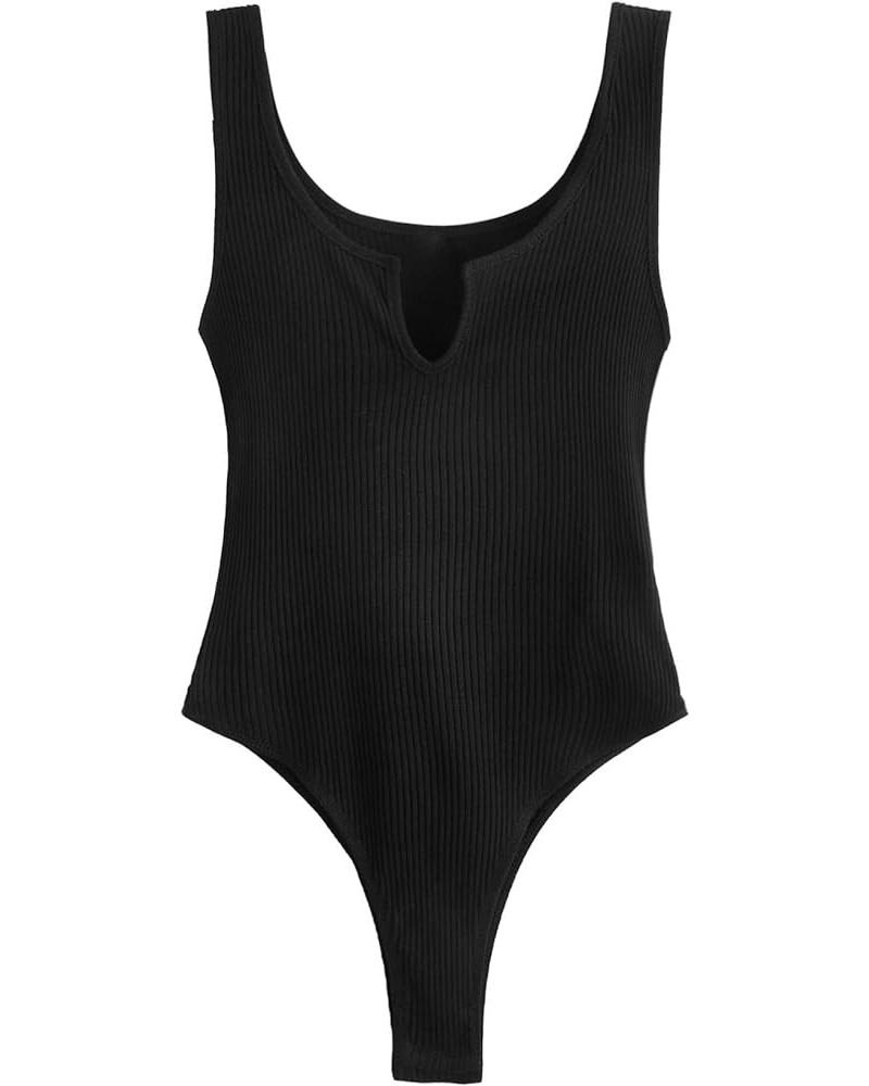 Women's Tie Dye Notched Neck Ribbed Skinny Thong Tank Bodysuit Top Black $14.49 Bodysuits