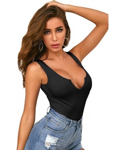 Women's Tie Dye Notched Neck Ribbed Skinny Thong Tank Bodysuit Top Black $14.49 Bodysuits