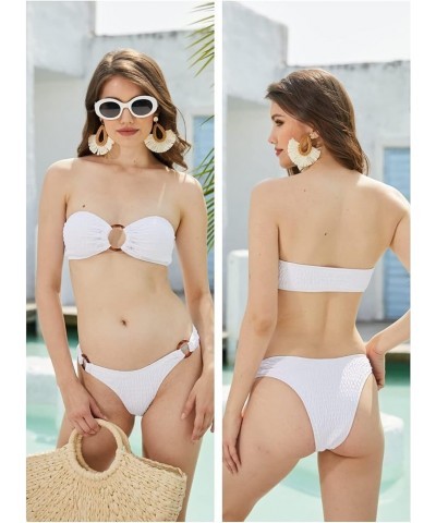 Women's 2 Piece Strapless Smocked Ring Bandeau Bikini Set Swimsuit Bathing Suits White $14.08 Swimsuits