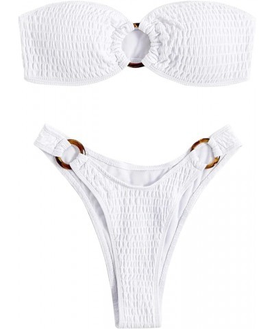 Women's 2 Piece Strapless Smocked Ring Bandeau Bikini Set Swimsuit Bathing Suits White $14.08 Swimsuits