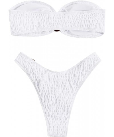 Women's 2 Piece Strapless Smocked Ring Bandeau Bikini Set Swimsuit Bathing Suits White $14.08 Swimsuits