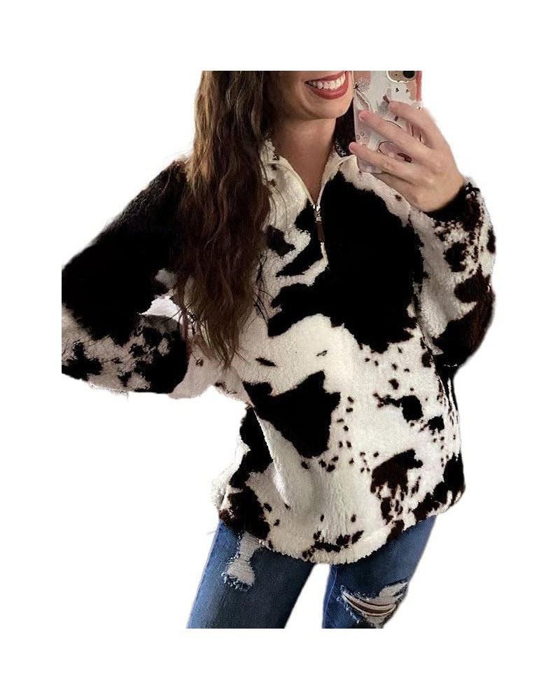 Womens Fuzzy Fleece Sherpa Cow Print Sweater Jacket Long Sleeve Zip Up Oversized Loose Comfy Warm Tops Black $14.70 Jackets