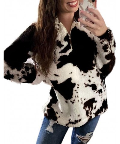 Womens Fuzzy Fleece Sherpa Cow Print Sweater Jacket Long Sleeve Zip Up Oversized Loose Comfy Warm Tops Black $14.70 Jackets