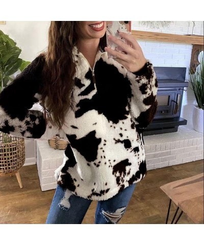 Womens Fuzzy Fleece Sherpa Cow Print Sweater Jacket Long Sleeve Zip Up Oversized Loose Comfy Warm Tops Black $14.70 Jackets