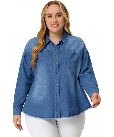 Women's Plus Size Shirts Button Down Shirt Work Cotton Casual Denim Jackets Casual 2024 Sky Blue $15.62 Blouses