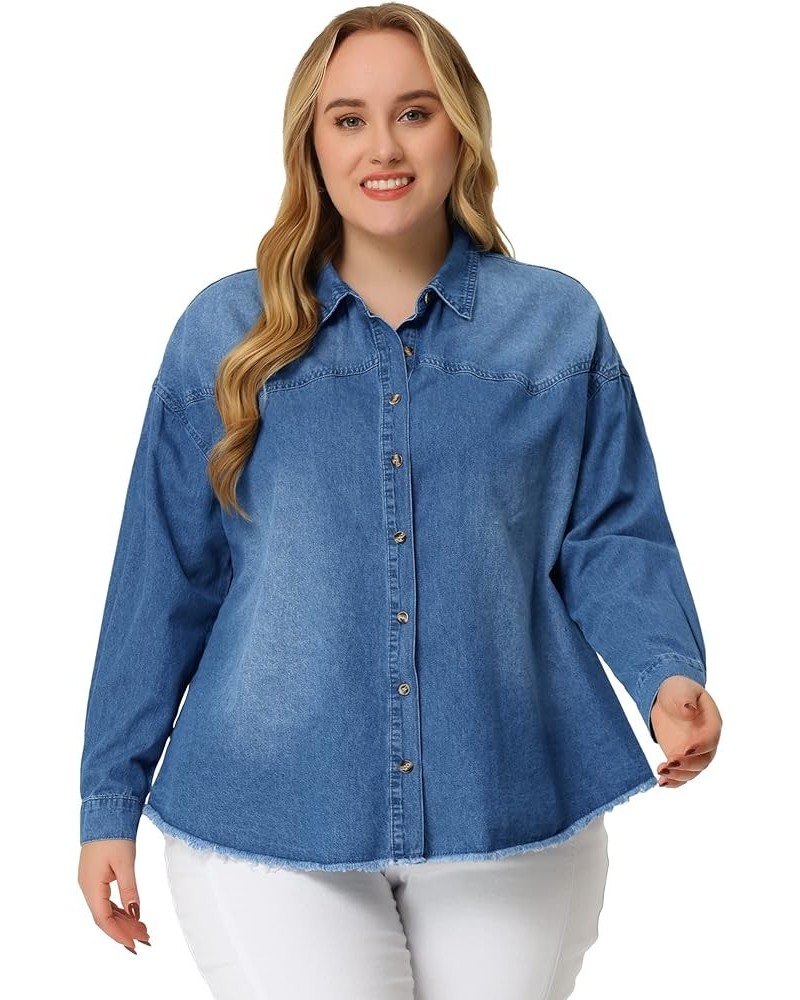 Women's Plus Size Shirts Button Down Shirt Work Cotton Casual Denim Jackets Casual 2024 Sky Blue $15.62 Blouses