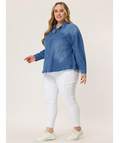 Women's Plus Size Shirts Button Down Shirt Work Cotton Casual Denim Jackets Casual 2024 Sky Blue $15.62 Blouses