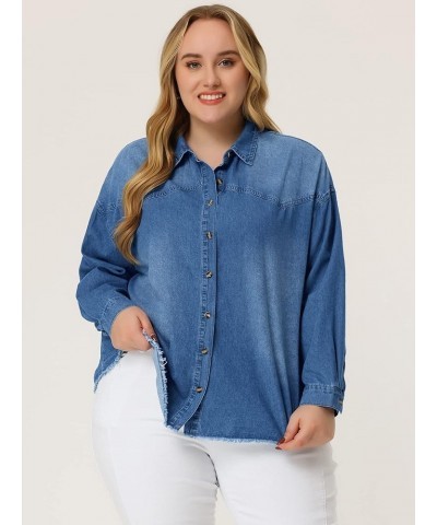 Women's Plus Size Shirts Button Down Shirt Work Cotton Casual Denim Jackets Casual 2024 Sky Blue $15.62 Blouses