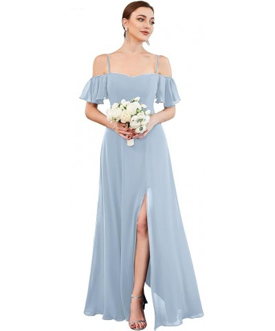 Women's Formal Dresses Off Shoulder Short Sleeve Split A-Line Floor Length Bridesmaid Dresses 0237 Ice Blue $37.60 Dresses