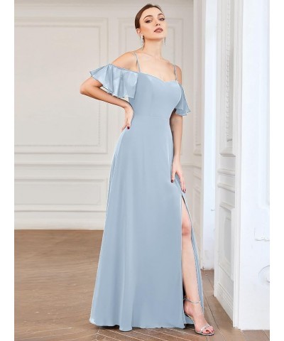 Women's Formal Dresses Off Shoulder Short Sleeve Split A-Line Floor Length Bridesmaid Dresses 0237 Ice Blue $37.60 Dresses