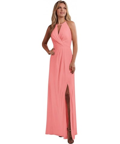 Halter Chiffon Bridesmaid Dresses for Wedding A Line Long Ruched Sleeveless Prom Evening Dress with Slit Coral $35.00 Dresses