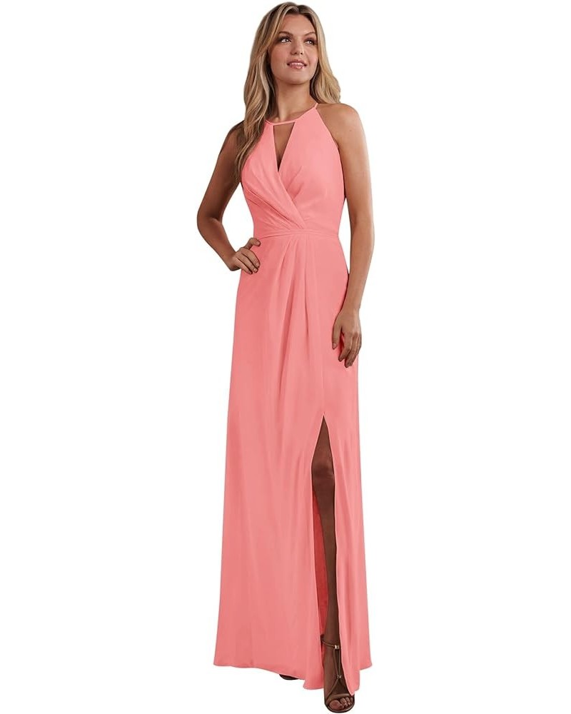 Halter Chiffon Bridesmaid Dresses for Wedding A Line Long Ruched Sleeveless Prom Evening Dress with Slit Coral $35.00 Dresses