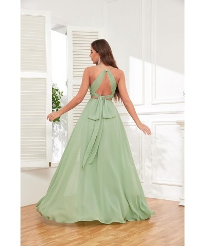 Halter Chiffon Bridesmaid Dresses for Wedding A Line Long Ruched Sleeveless Prom Evening Dress with Slit Coral $35.00 Dresses