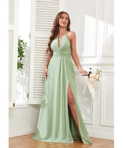 Halter Chiffon Bridesmaid Dresses for Wedding A Line Long Ruched Sleeveless Prom Evening Dress with Slit Coral $35.00 Dresses