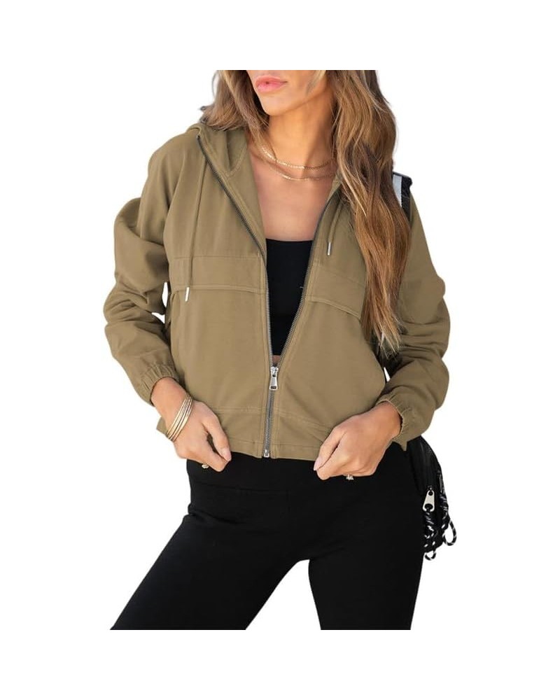 Womens Fall Fashion 2023 Zip Up Cropped Hoodies FLeece Bomber Jackets Y2K Sweatshirt with Pockets Khaki $14.43 Hoodies & Swea...