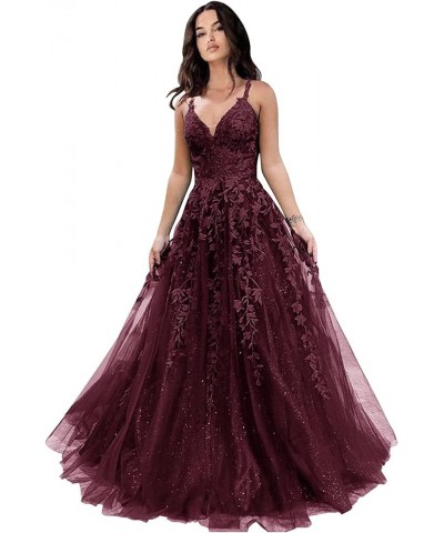 Women's Long Tulle Evening Dress Floral Appliques A-line Formal Maxi Dress WK12201 Burgundy $37.60 Dresses