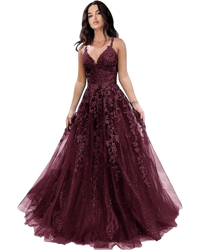 Women's Long Tulle Evening Dress Floral Appliques A-line Formal Maxi Dress WK12201 Burgundy $37.60 Dresses