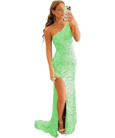 One Shoulder Sequin Prom Dresses Long Mermaid with Slit Backless Sparkly Bridesmaid Dresses for Women Formal Fluorescent Gree...