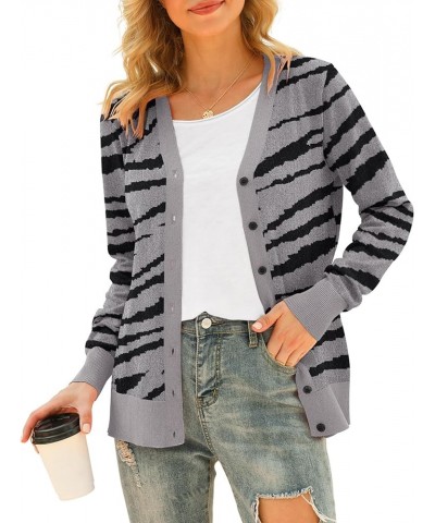 Women's V Neck Button Down Knitwear Long Sleeve Soft Basic Knit Cardigan Sweater Zebra Grey $19.24 Sweaters