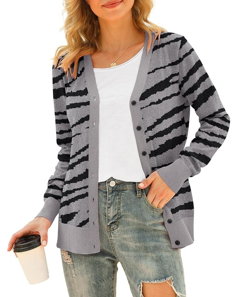 Women's V Neck Button Down Knitwear Long Sleeve Soft Basic Knit Cardigan Sweater Zebra Grey $19.24 Sweaters