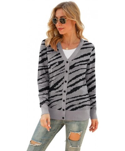 Women's V Neck Button Down Knitwear Long Sleeve Soft Basic Knit Cardigan Sweater Zebra Grey $19.24 Sweaters