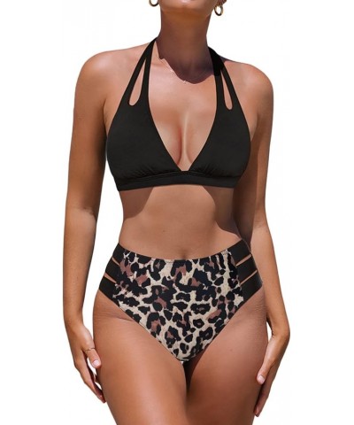 Bikini Sets for Women High Waisted Bathing Suits V Neck 2 Piece Swimsuit Black Leopard $13.74 Swimsuits