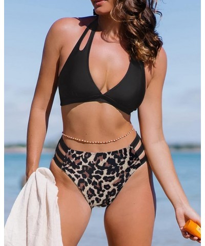 Bikini Sets for Women High Waisted Bathing Suits V Neck 2 Piece Swimsuit Black Leopard $13.74 Swimsuits