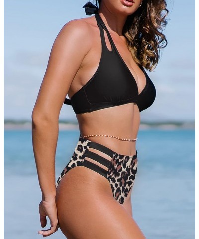 Bikini Sets for Women High Waisted Bathing Suits V Neck 2 Piece Swimsuit Black Leopard $13.74 Swimsuits