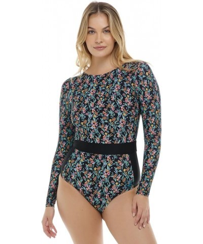 Women's Standard Long Sleeve Paddle One Piece Swimsuit with UPF 50+ Black Abloom Floral $41.83 Swimsuits