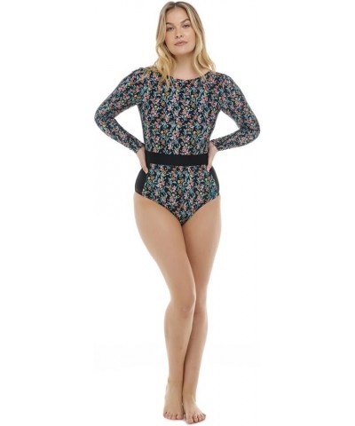 Women's Standard Long Sleeve Paddle One Piece Swimsuit with UPF 50+ Black Abloom Floral $41.83 Swimsuits