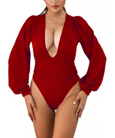 Women Jumpsuits V Neck Ruched Pleated Long Sleeve Leotard Bodysuit Top For Women (Brown,XL) Red X-Large $18.74 Bodysuits