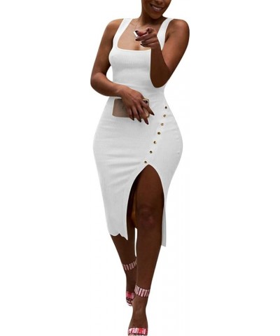 Women Bodycon Dress Sleeveless Slit Solid Tank Party Summer Midi Dresses White $8.11 Dresses