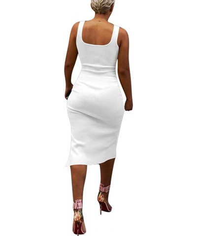 Women Bodycon Dress Sleeveless Slit Solid Tank Party Summer Midi Dresses White $8.11 Dresses