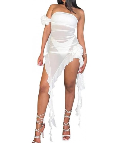 Sexy Maxi Dresses for Women Bodycon Floral Tassels Sheer Mesh Long Dress Strapless High Split Cocktail Summer Dresses C-white...