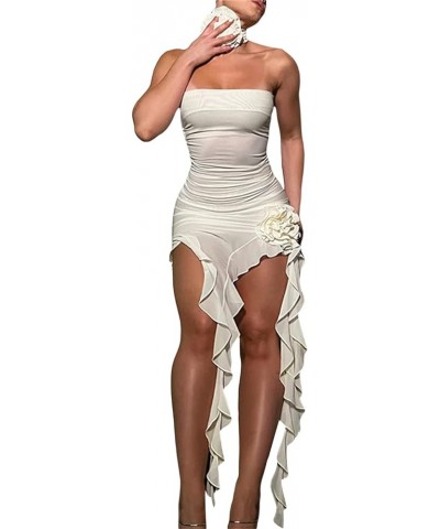 Sexy Maxi Dresses for Women Bodycon Floral Tassels Sheer Mesh Long Dress Strapless High Split Cocktail Summer Dresses C-white...