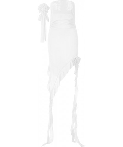 Sexy Maxi Dresses for Women Bodycon Floral Tassels Sheer Mesh Long Dress Strapless High Split Cocktail Summer Dresses C-white...