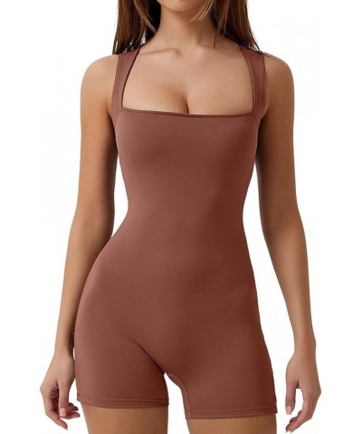 Womens Strappy Square Neck Tank Top Tummy Control Bodycon Stretch Shorts Jumpsuit Outfits Brown $19.59 Jumpsuits