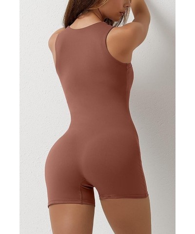 Womens Strappy Square Neck Tank Top Tummy Control Bodycon Stretch Shorts Jumpsuit Outfits Brown $19.59 Jumpsuits