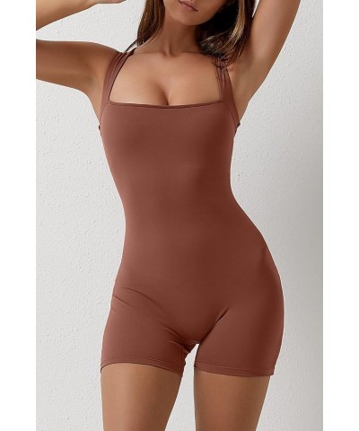 Womens Strappy Square Neck Tank Top Tummy Control Bodycon Stretch Shorts Jumpsuit Outfits Brown $19.59 Jumpsuits