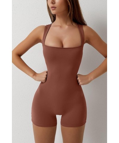 Womens Strappy Square Neck Tank Top Tummy Control Bodycon Stretch Shorts Jumpsuit Outfits Brown $19.59 Jumpsuits