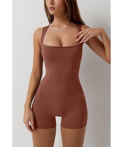 Womens Strappy Square Neck Tank Top Tummy Control Bodycon Stretch Shorts Jumpsuit Outfits Brown $19.59 Jumpsuits