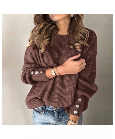 Women's 2023 Fall Winter Long Sleeve Cable Knit Sweater Turtleneck Striped Loose Pullover Tops Deco with Metal Buttons A9-cof...