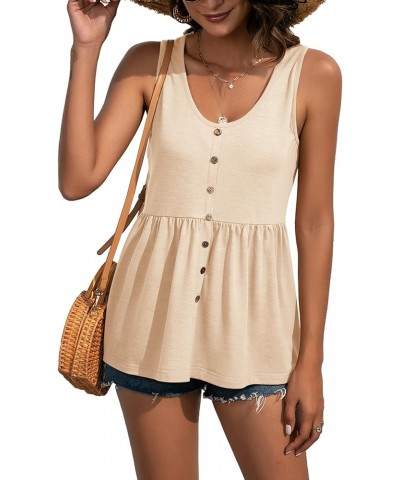 Women's Round Neck Ruffle Hem Button Sleeveless Tank Blouse Peplum Top Beige $12.71 Tanks