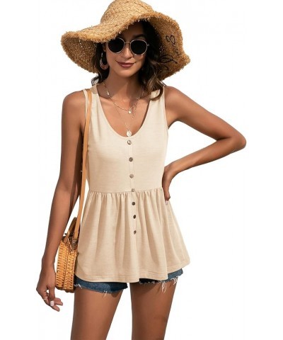 Women's Round Neck Ruffle Hem Button Sleeveless Tank Blouse Peplum Top Beige $12.71 Tanks