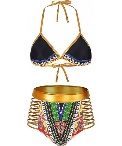 Women Tribal Print Bikini African Metallic Swimsuit Two Piece Beachwear Cutout Halter Neck Bathing Suit Swimwear Black $10.32...