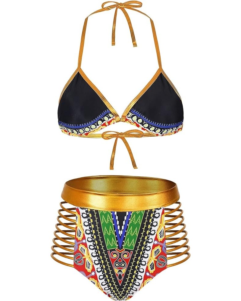 Women Tribal Print Bikini African Metallic Swimsuit Two Piece Beachwear Cutout Halter Neck Bathing Suit Swimwear Black $10.32...